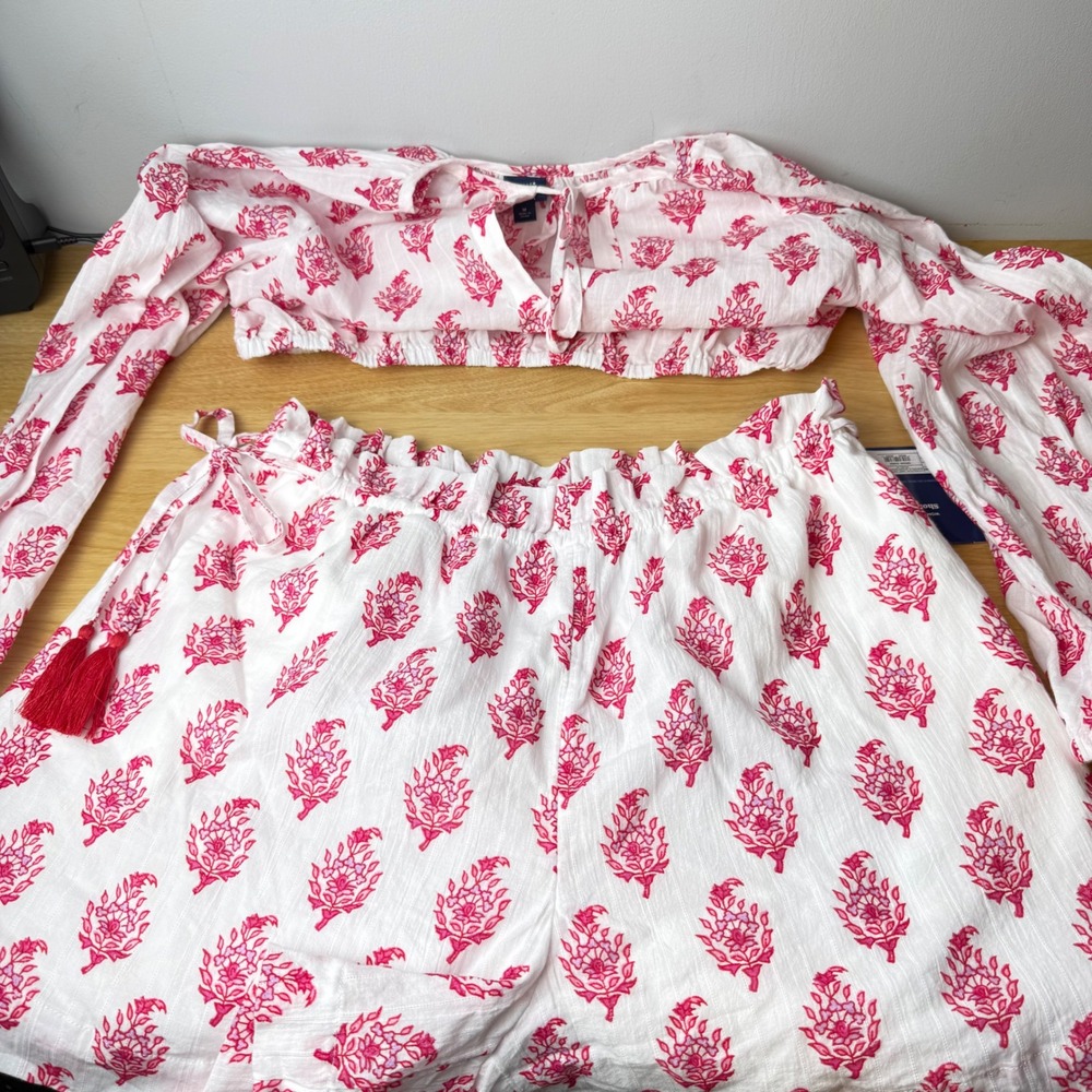 NWT Roller Rabbit Shorts Set Women M Pink Block Print Tassel Resortwear Vacation